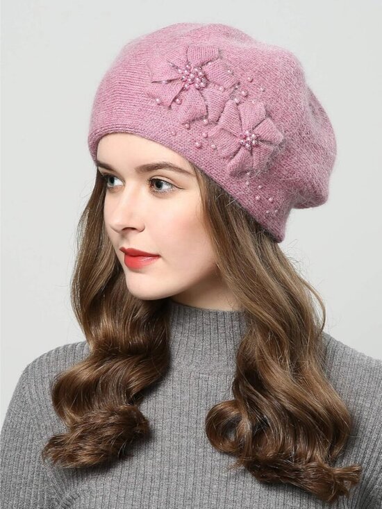 Women\'s Winter Knit Beret Hat Rabbit Hair French Warm Casual Beanie Hat Pink main image 6